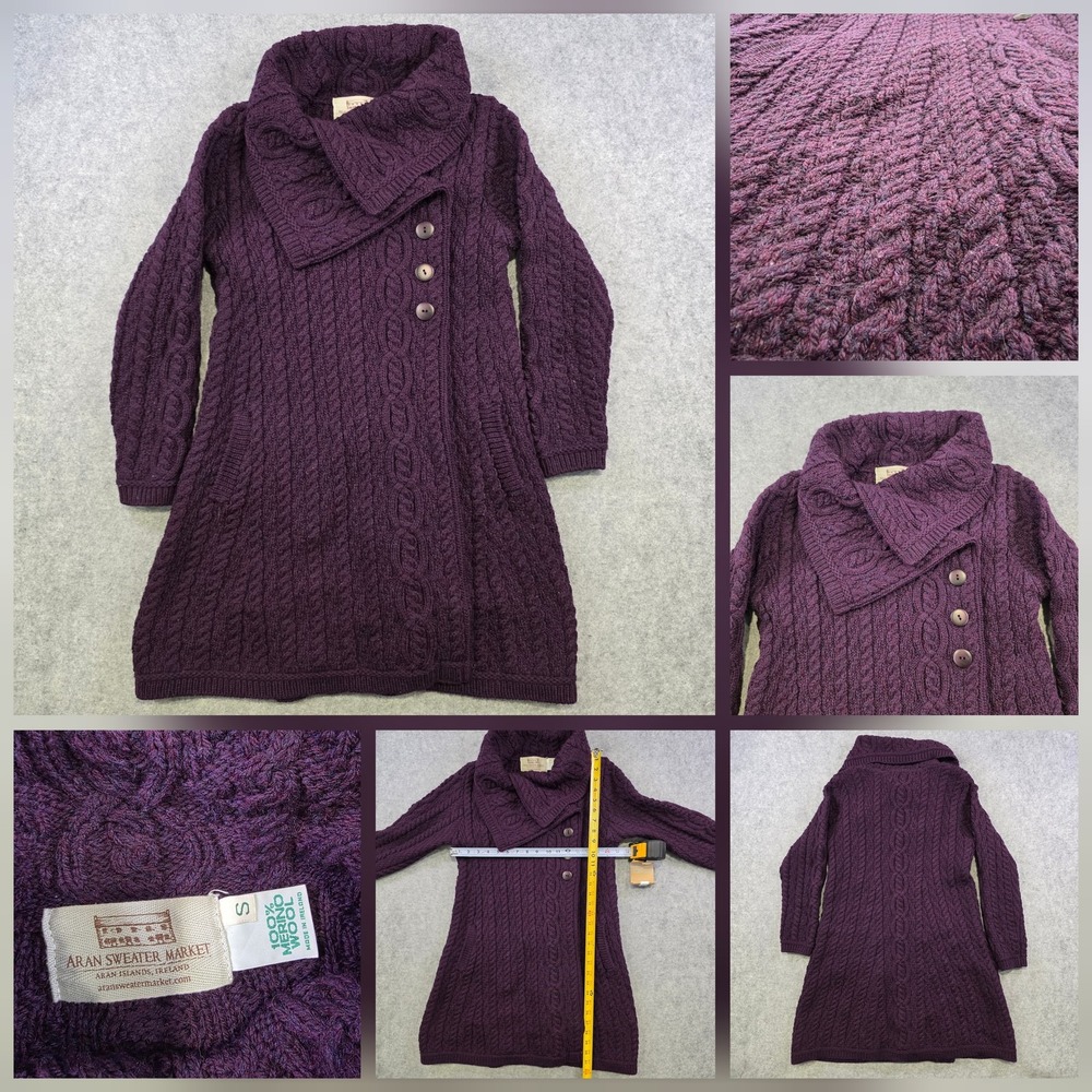 Aran Sweater Market Sweater Womens Small Purple Merino Wool Cowl Cardigan Knit